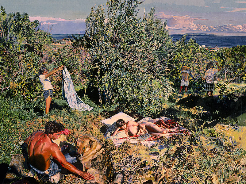 Bacchanal. Multi-figure composition. A nude on a blanket surrounded by several other figures and a german sheppard in an outdoor Mlaibu setting. There is an olive tree in the center of the comosition and one sees the pacific ocean and the Santa Monica Bay in the distance. © Manny Cosentino, 1986.