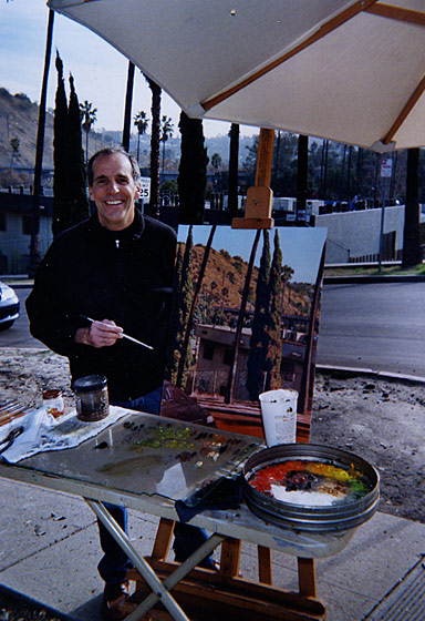 Photograph of Manny Cosentino painting on site, Arroyo Glen Drive. Highland Park, Los Angeles. Copyright © Manny Cosentino 2015