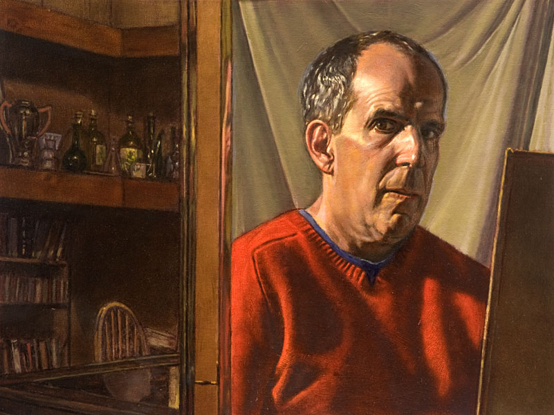 Self-portrait of the artist in his studio at night, wearing a red sweater, with still life props in the background. ©Manny Cosentino 2019