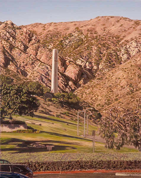 Notre Dame de Malibu. Oil painting, urban landscape. Late afternoon view looking east from Malibu Bluffs Park towards the entrance to Malibu Canyon, with the beatuiful pink rock formations and the surrounding scruffy hills. Rising up in front of the rocks is the Phillips Theme Tower of Pepperdine University. © Manny Cosentino, 2020.