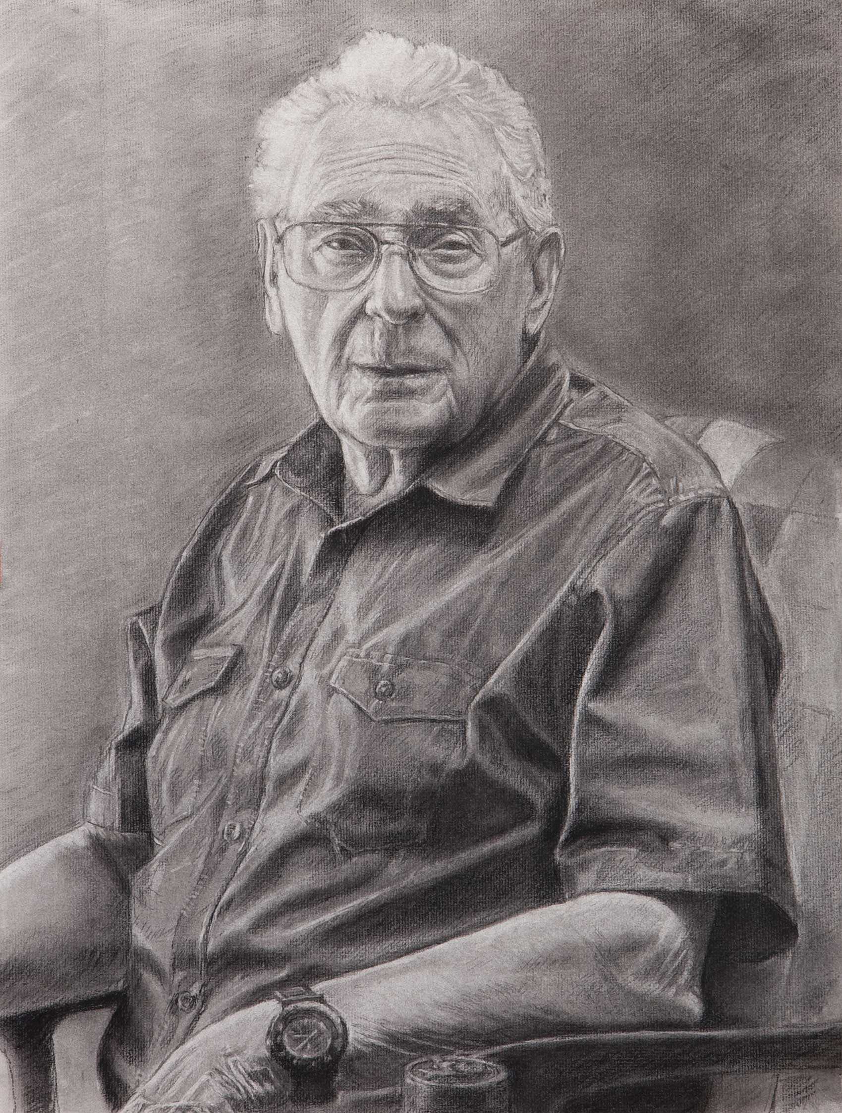 Mike (charcoal on paper, 24" X 18", 2020) © Manny Cosentino. Black and white charcoal portrait of a friend of the artist.