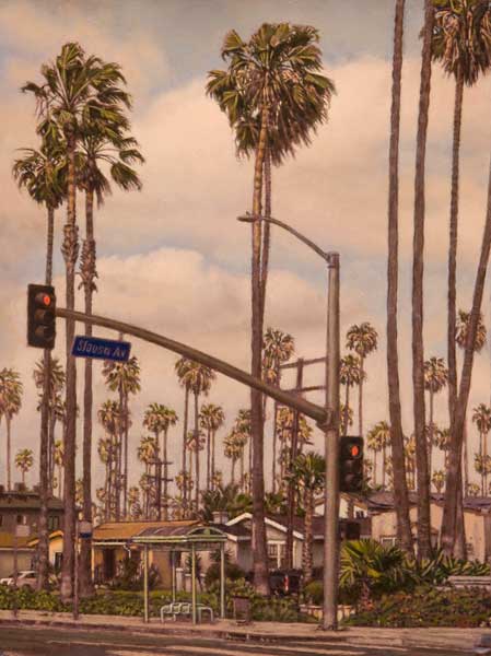 Oil study on paper of palm trees seen against the sky at the intersection of Slauson and Van Ness in South Los Angeles.