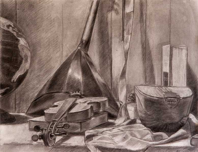 Black and white charcoal drawing of a still life composed of musical instruments; a violin, a mandolin and a balalaika. There is also a section of a globe and some books and ribbon.